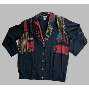 Vintage Sue Brett Collection Patchwork Boho‎ Button Retro Jacket Women's XXL